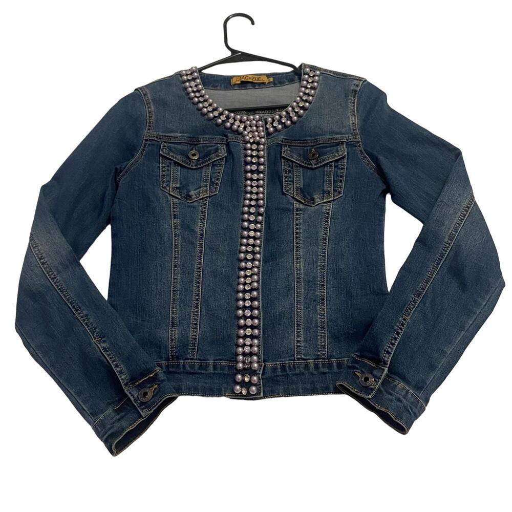 Zac & Zoe Medium Wash Denim Jacket with Pearl Detailing size Small